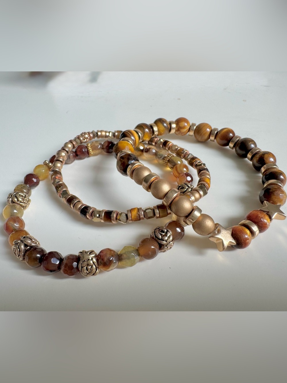 Three-Piece Brown and Gold Beaded Bracelet Stack